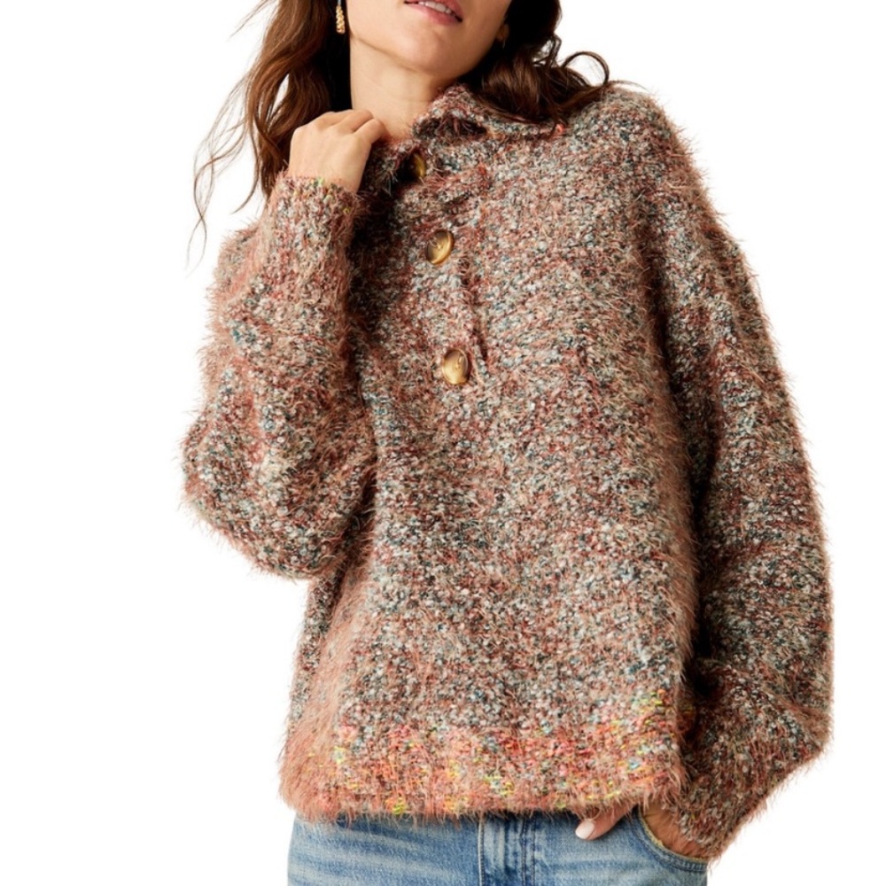 Free People Stellar Knit Pullover Sweater‎ EUC Med Blue Green Brown Eyelash Knit - Picture 5 of 16